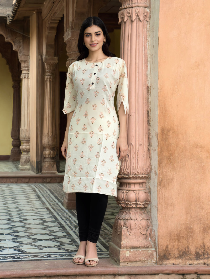 Off White Mughal Boota Block Print Rayon Kurti