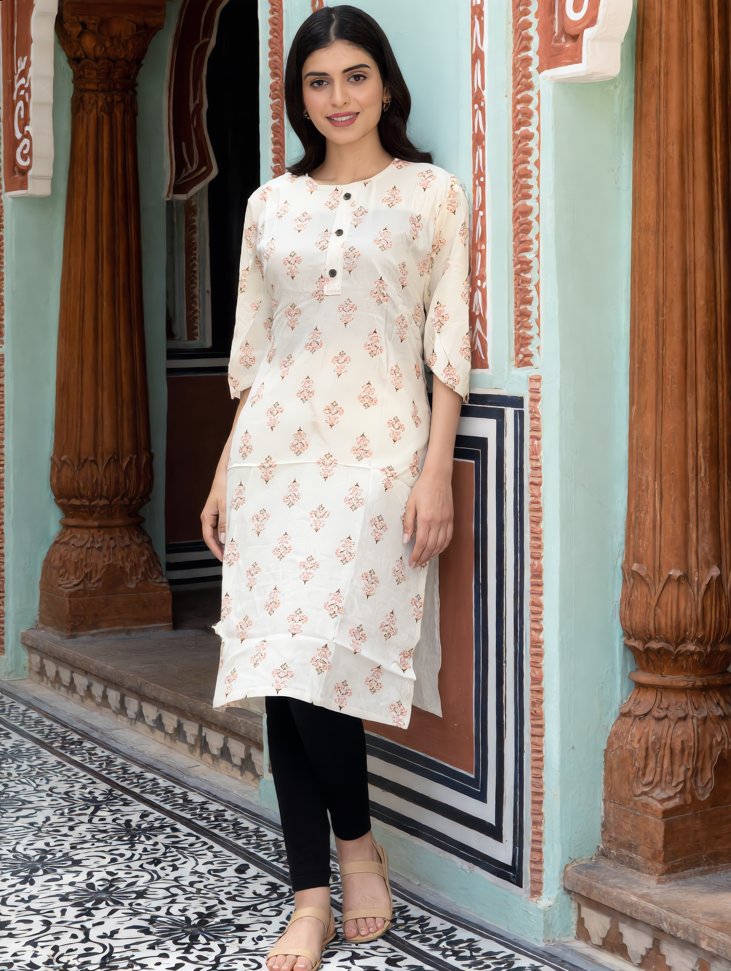 Off White Mughal Boota Block Print Rayon Kurti