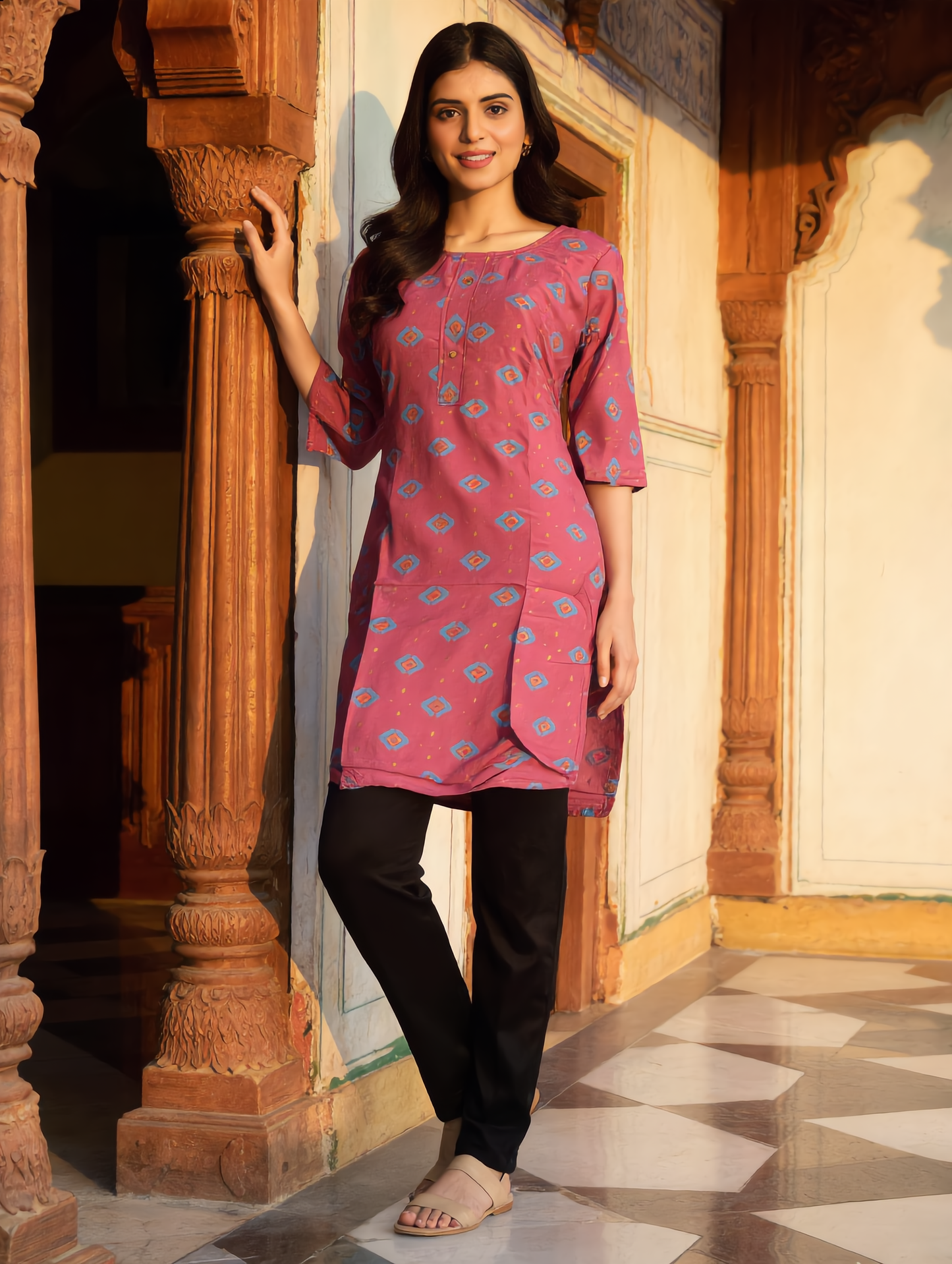 Dusty Rose Ikat Diamond Print Rayon Kurti
