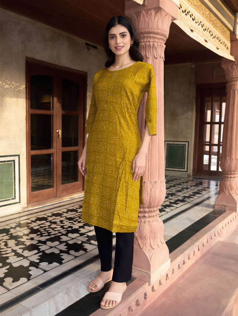 Mustard Yellow Bandhani Geometric Print Rayon Kurti
