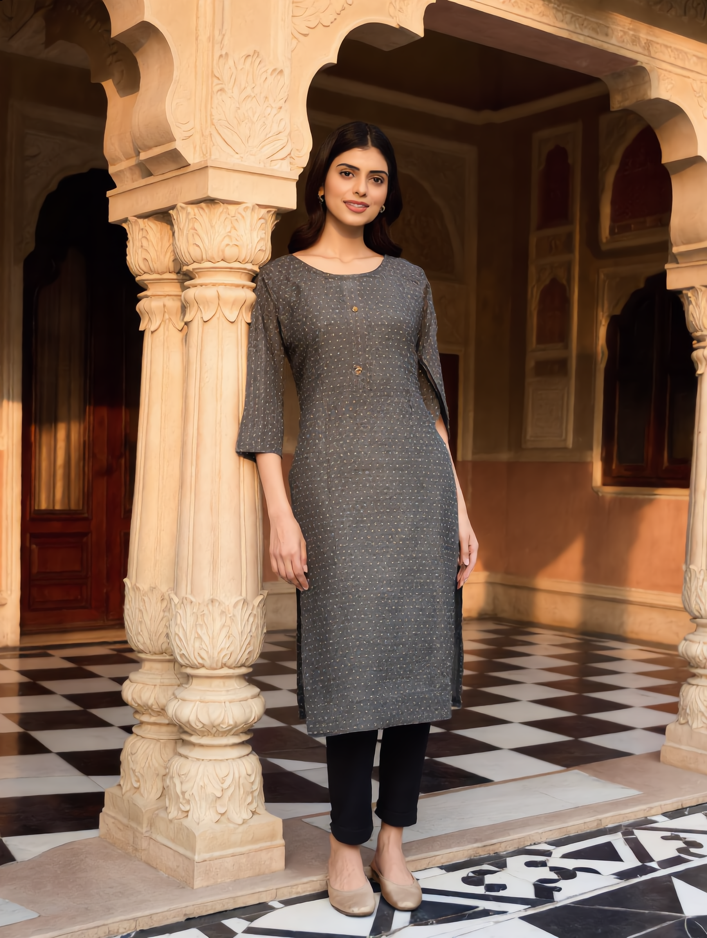 Dark Grey Bandhani Dot Print Rayon Kurti