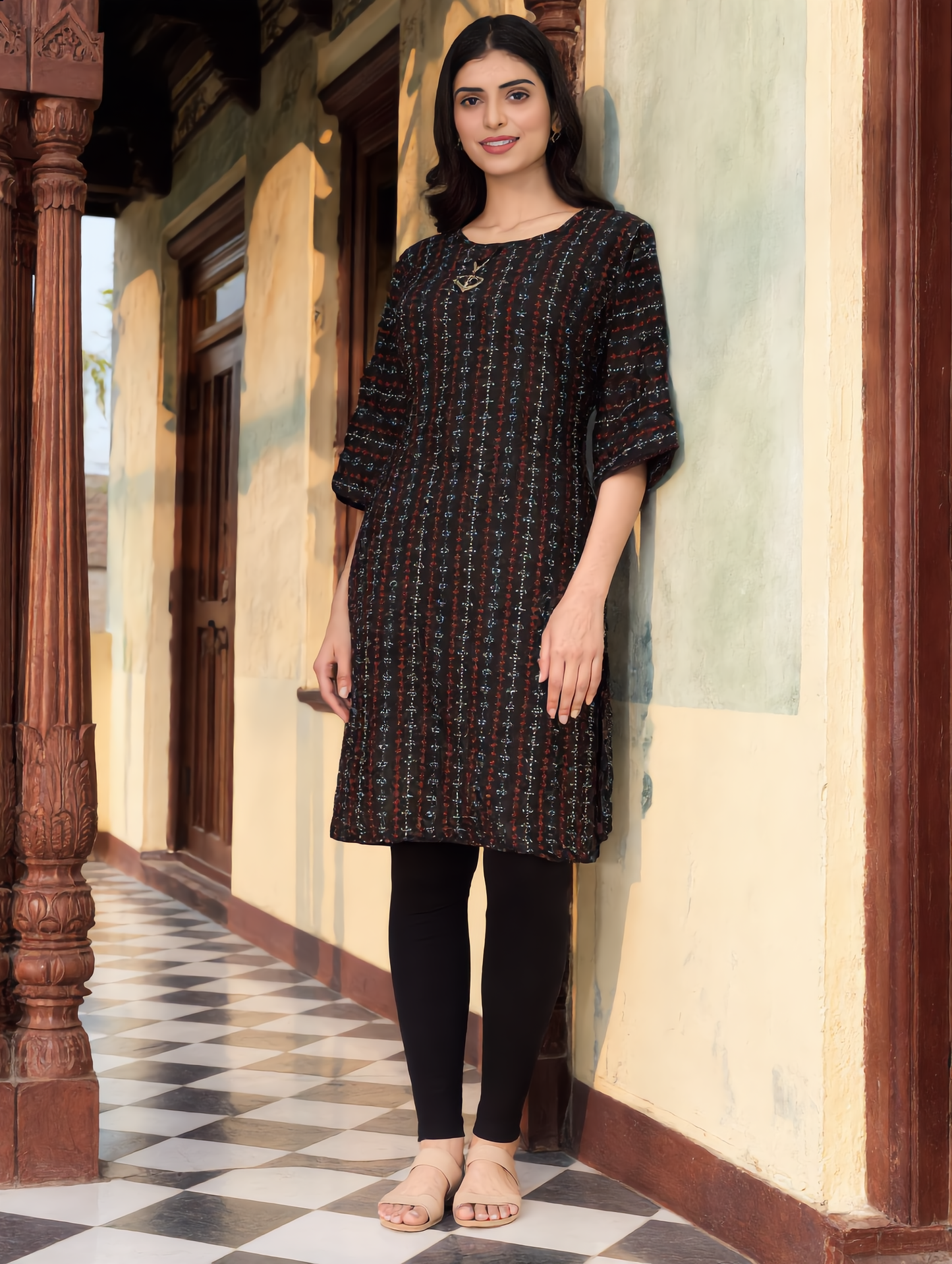 Black Multicolour Vertical Stripe Floral Print Rayon Kurti
