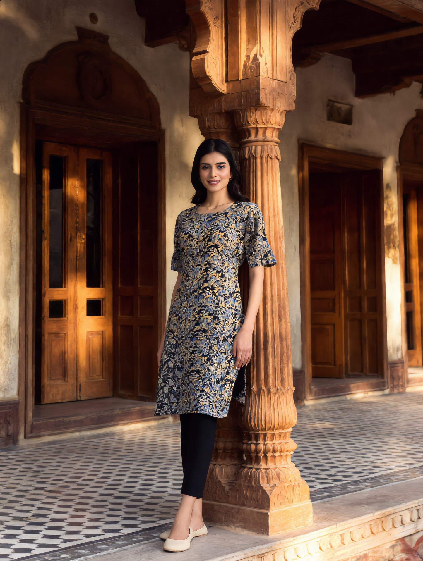 Navy Blue Golden Floral Jaal Print Rayon Kurti