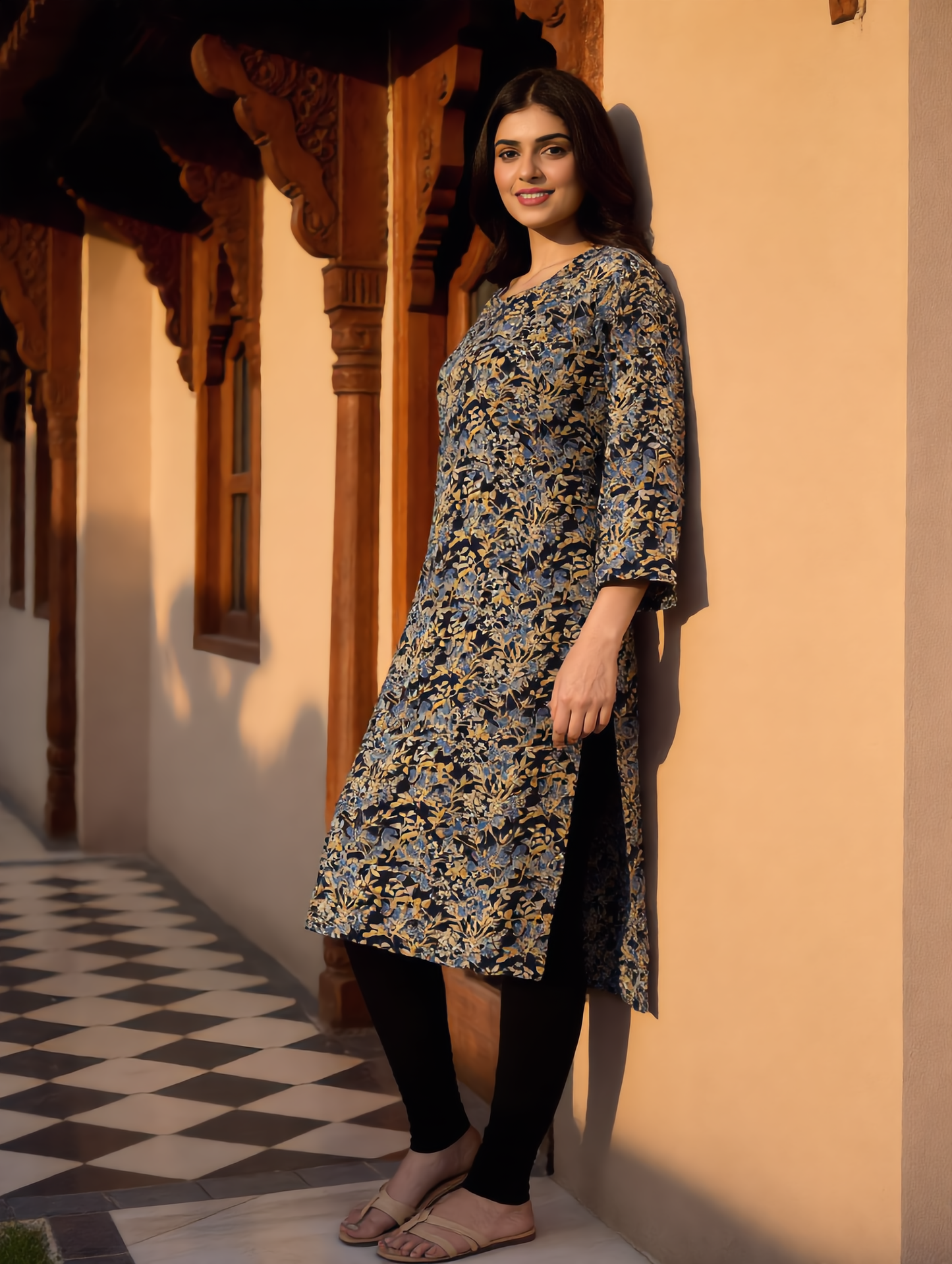 Navy Blue Golden Floral Jaal Print Rayon Kurti