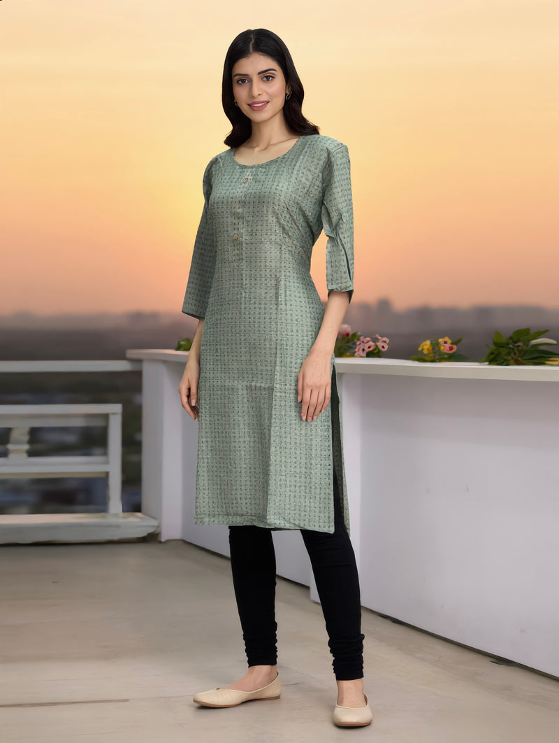 Sage Green Geometric Checkered Print Rayon Kurti