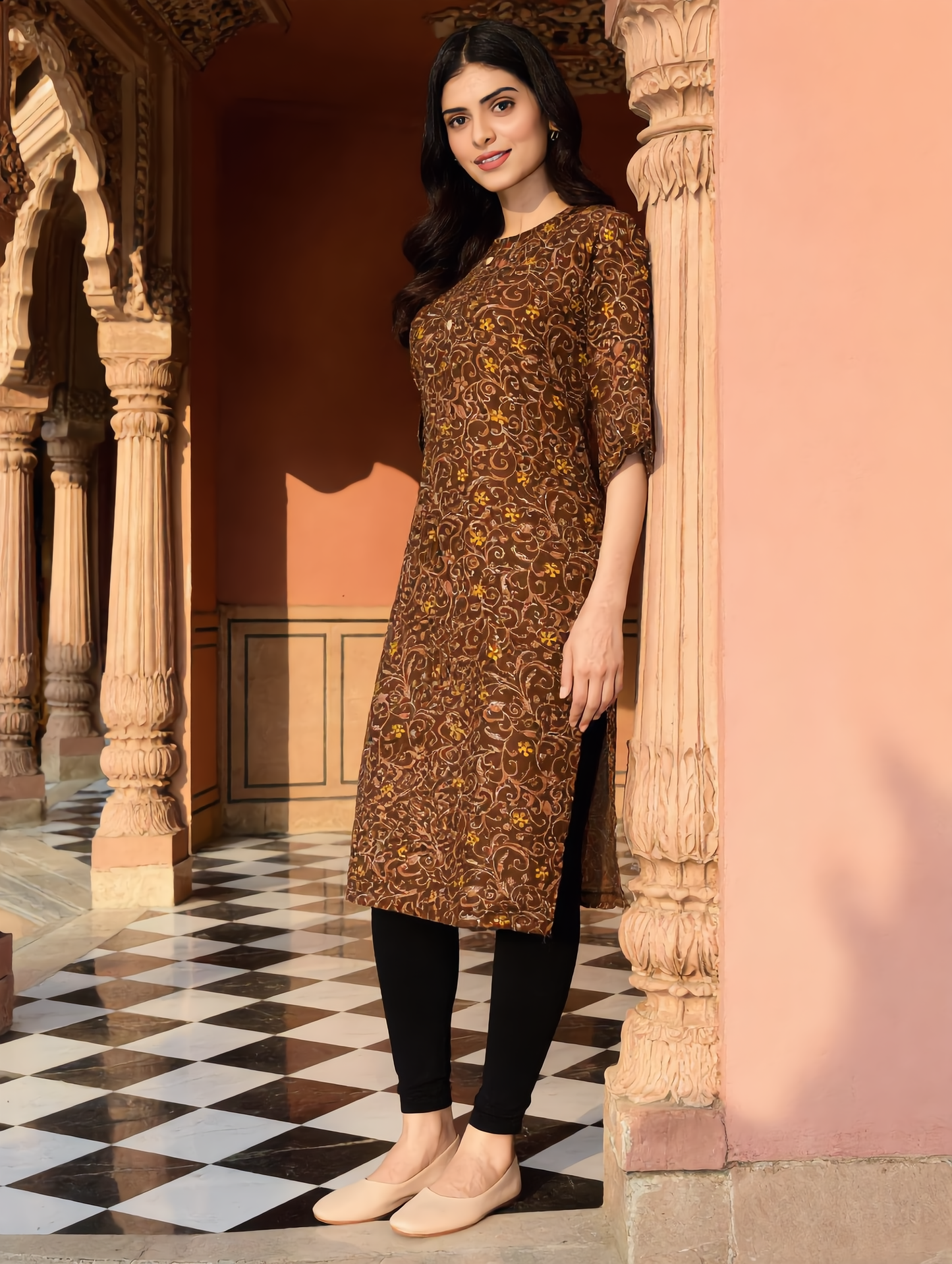 Dark Brown Golden Floral Vine Print Rayon Kurti