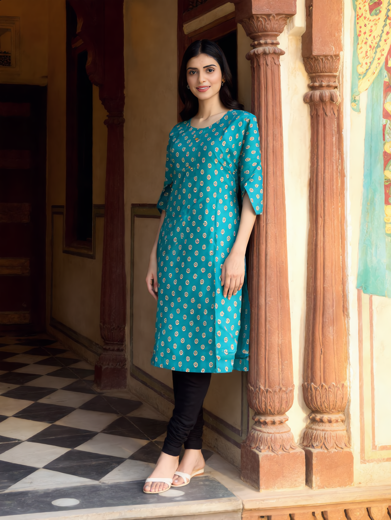 Teal Blue Boota Polka Print Rayon Top