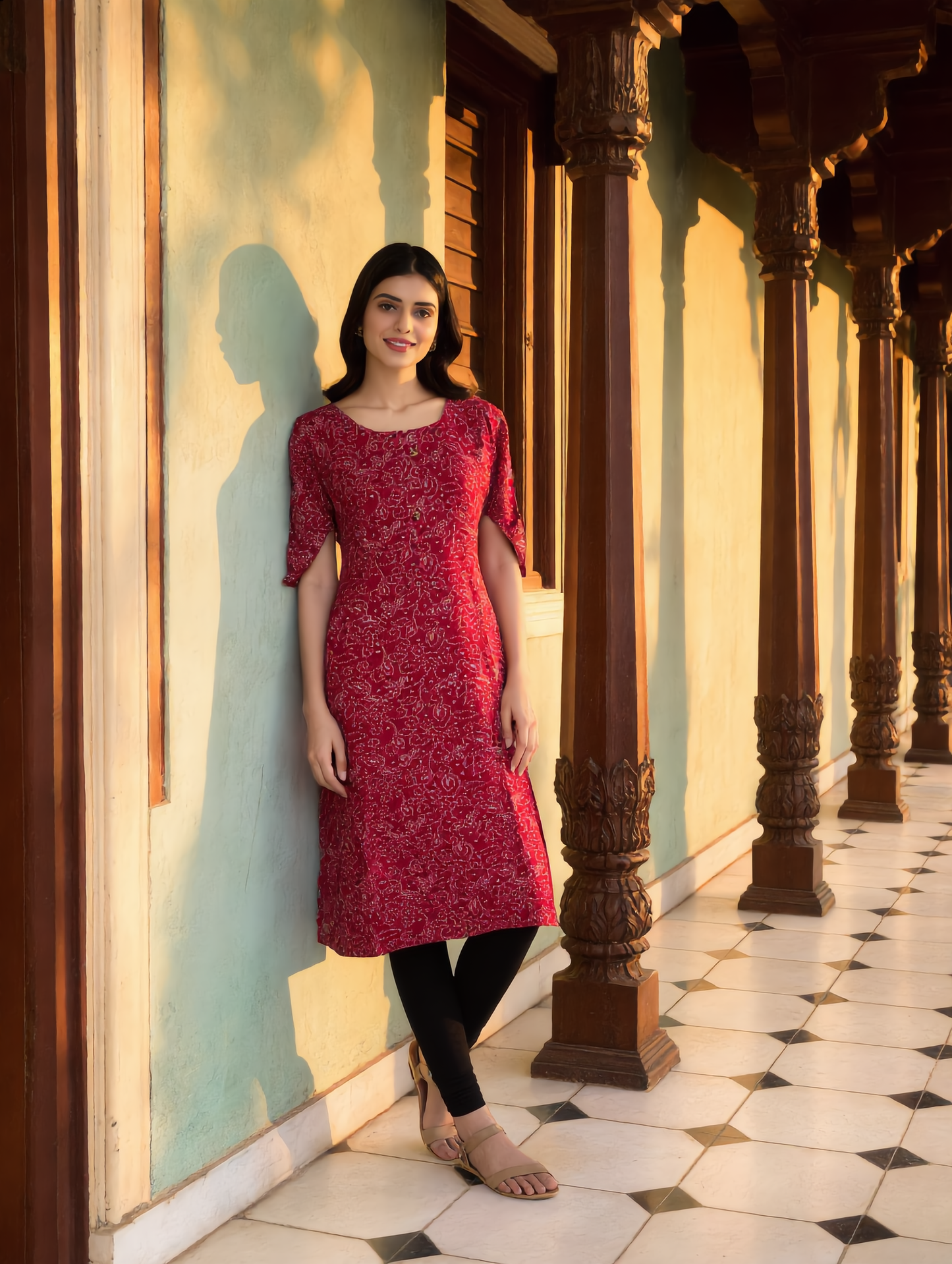 Crimson Red Bandhani Floral Print Rayon Top
