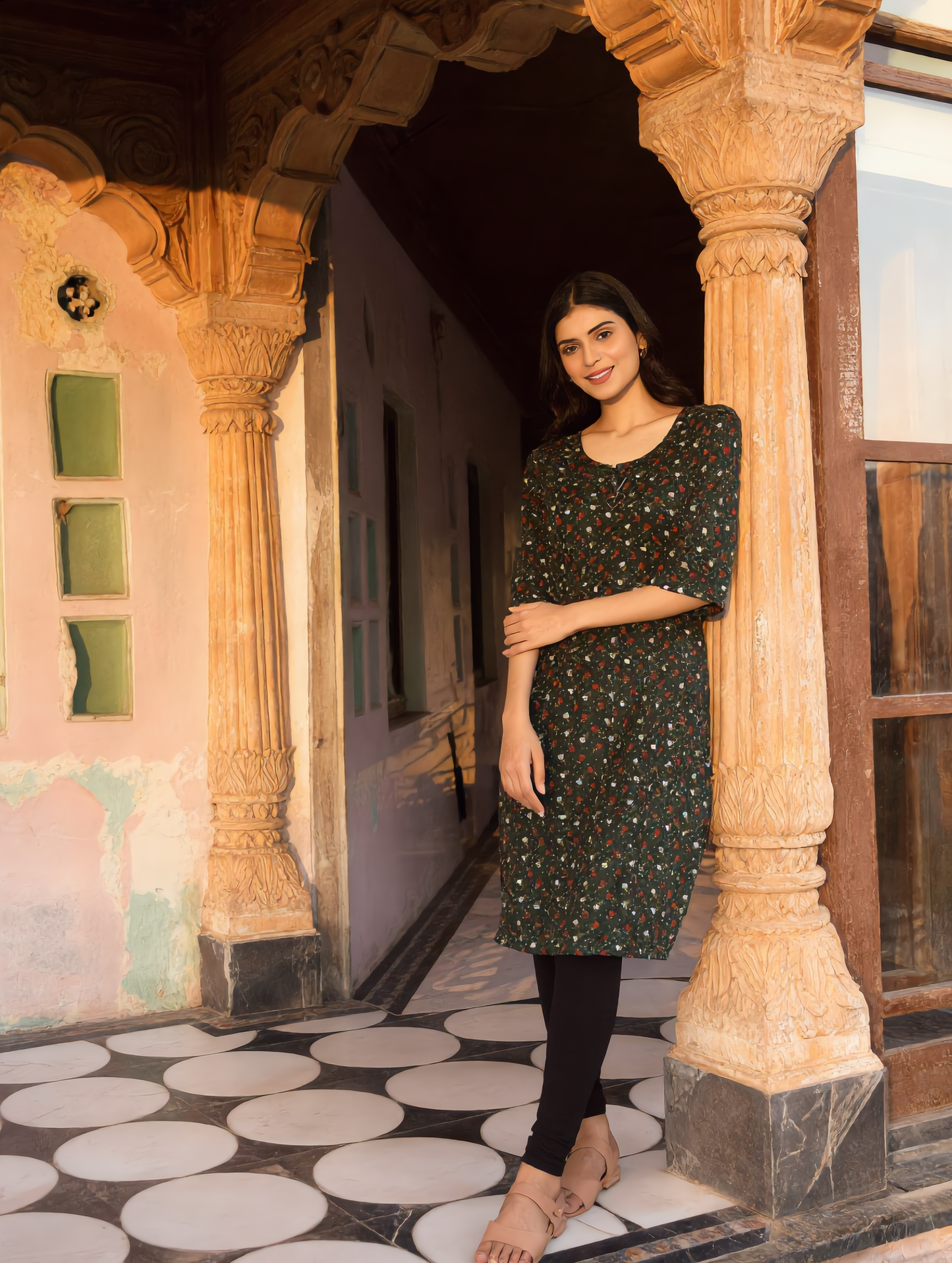 Dark Olive Green Ditsy Floral Print Rayon Top