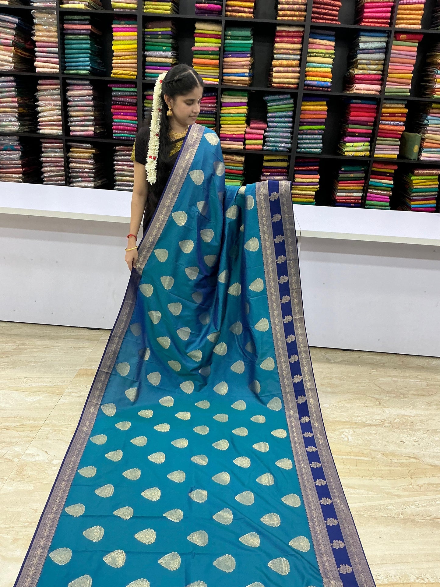 Premium Kanchi Silk Saree – Teal Blue with Navy Blue Zari Border | Traditional Wedding Silk Saree | Sri Nandhini Tex | SNTKS13