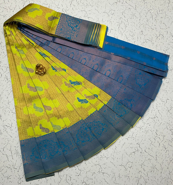 Kubera Bridal Silk Saree — Parrot Green & Peacock Blue with Zari Peacocks