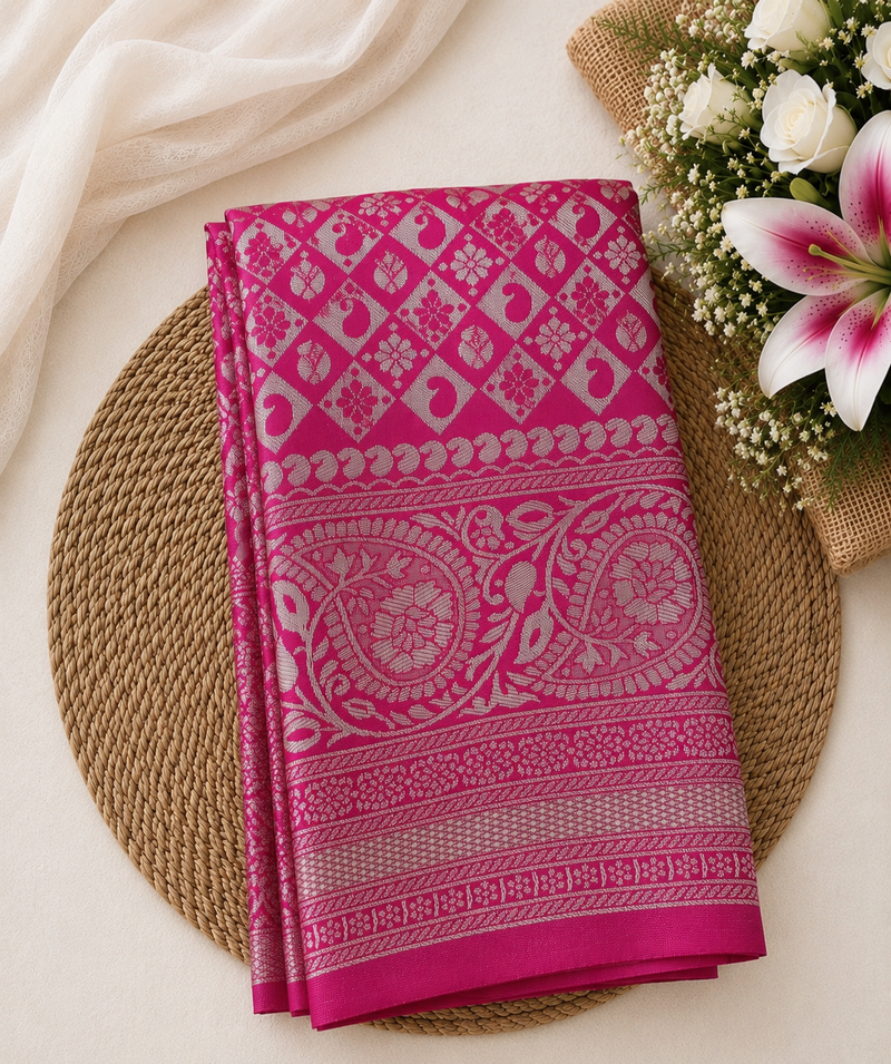 Semi Soft Silk Offer Saree | Rani Pink | Elegant Silver Zari Weave | Sri Nandhini Tex | Code: SNTAOS22
