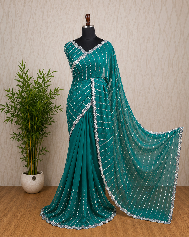 Premium Space Silk Designer Saree – Peacock Green with Stone Work Border | Sri Nandhini Tex | SNTSS006