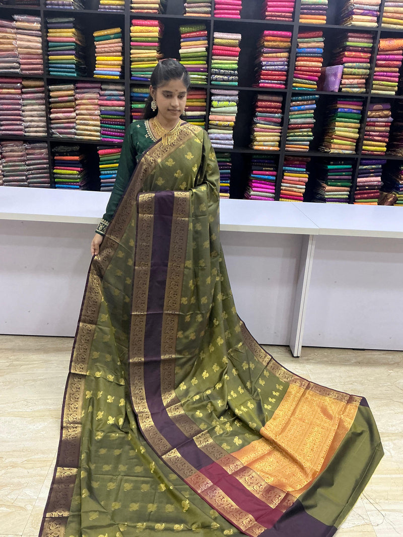Premium Kanchi Soft Silk Saree – Olive Green with Maroon and Copper Gold Temple Border | Traditional Elegance Saree | Sri Nandhini Tex | SNTSOG01