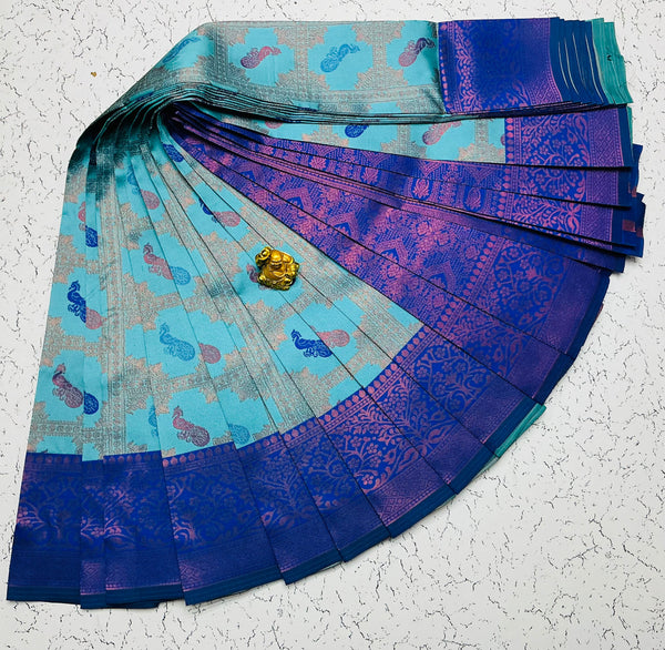 Kubera Bridal Silk Saree — Turquoise Blue & Royal Blue with Peacock Checks