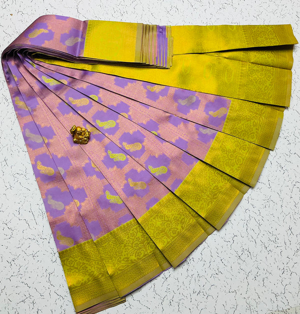 Kubera Bridal Silk Saree — Lavender & Yellow with Peacock Buttas
