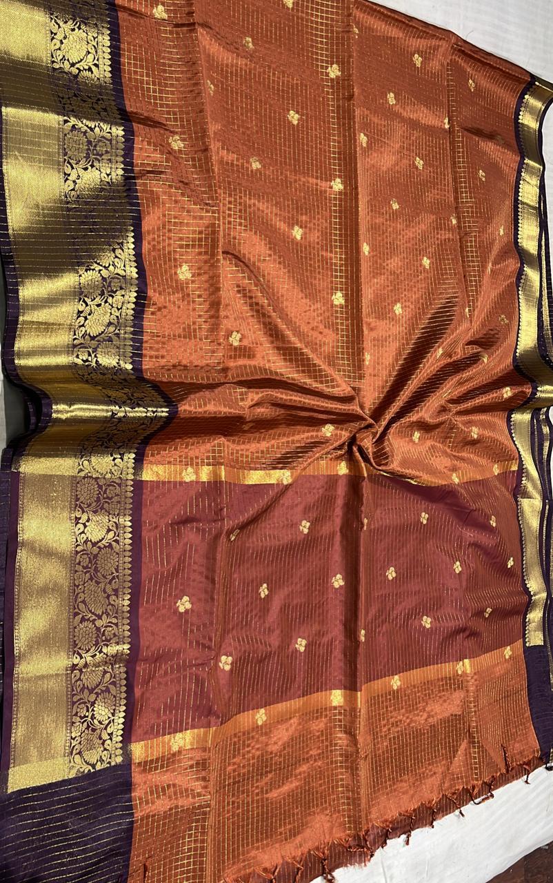 Premium Banarasi Silk Saree – Rust Orange with Deep Plum Zari Border | Festive Elegance Saree | Sri Nandhini Tex | BRO001