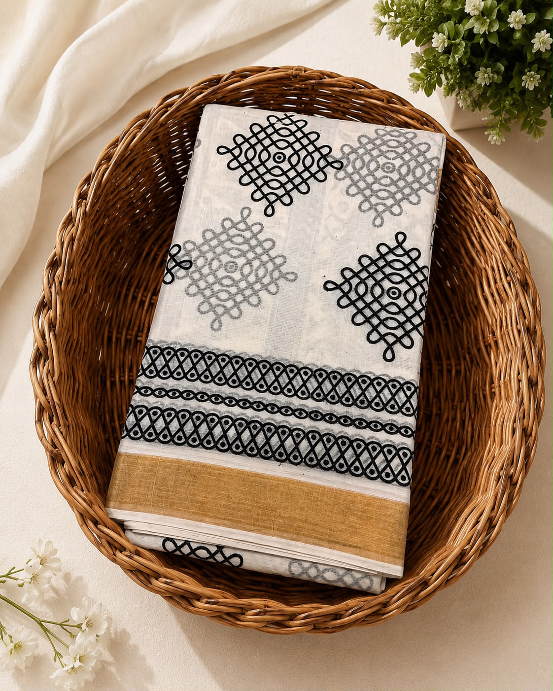 Onam Special | Kerala Kolam Printed Cotton Saree | White & Gold | Sri Nandhini Tex | Code: SNTONAM003
