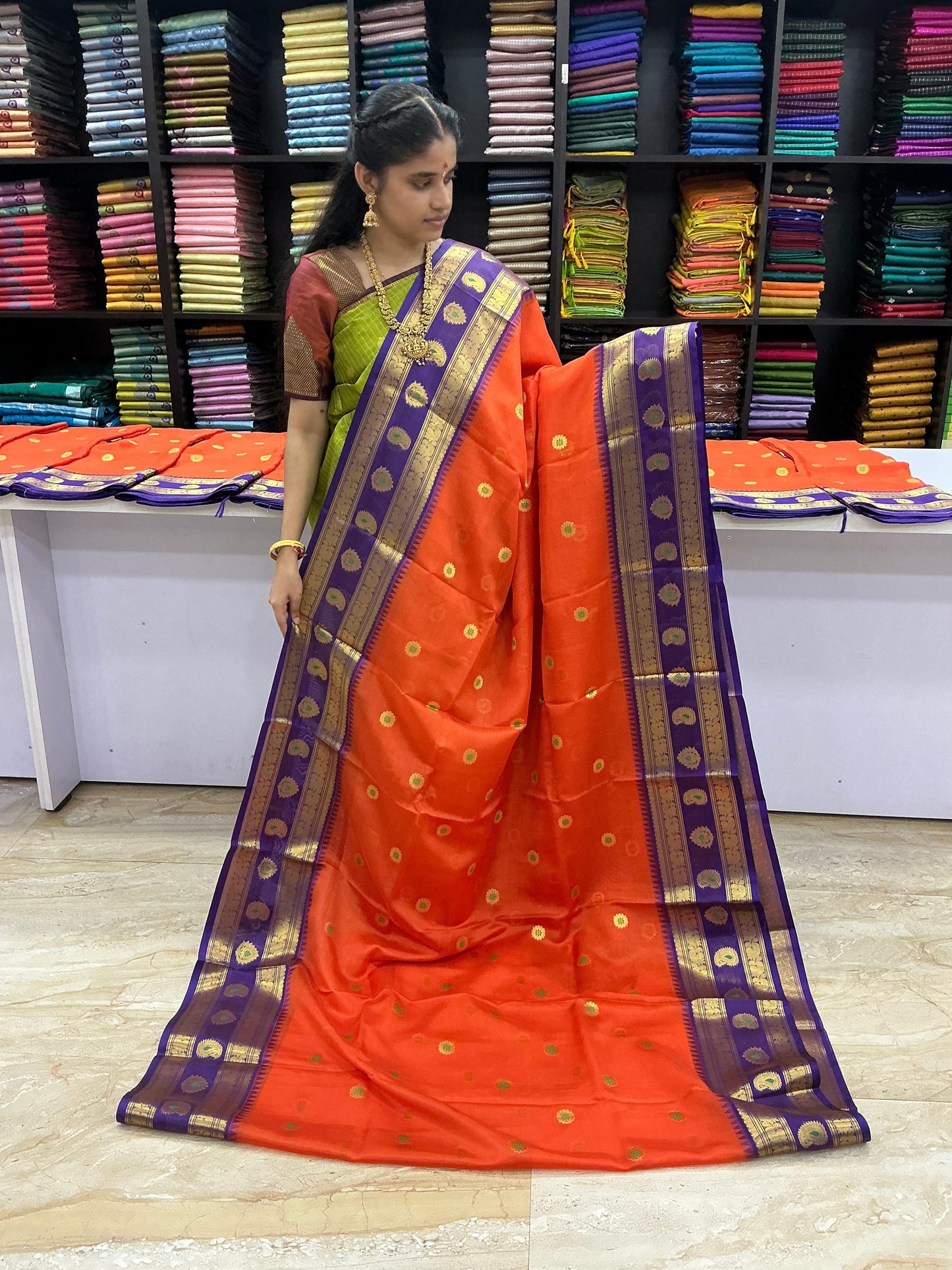 Premium Kanchi Meena Soft Silk Saree – Rust Orange with Royal Purple Zari Border | Festive Elegance Saree | Sri Nandhini Tex | SNTMSS02