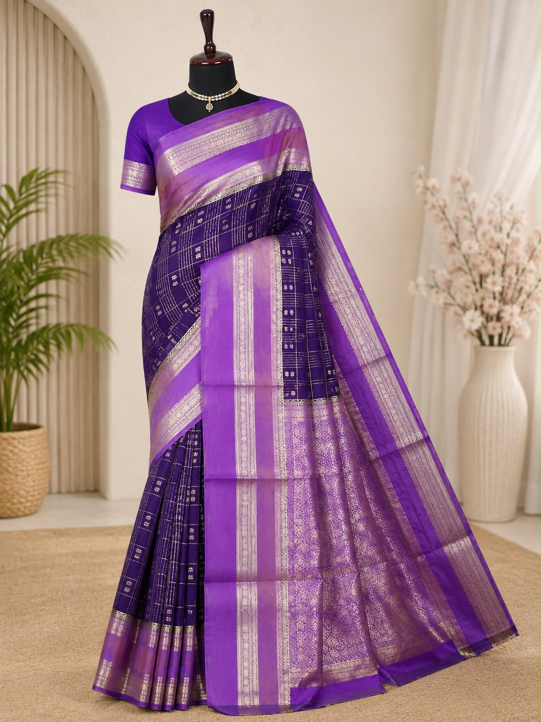 Premium Banarasi Chinya Warm Silk Saree | Checked Weaving Design | Sri Nandhini Tex | Code: SNTBCWS002