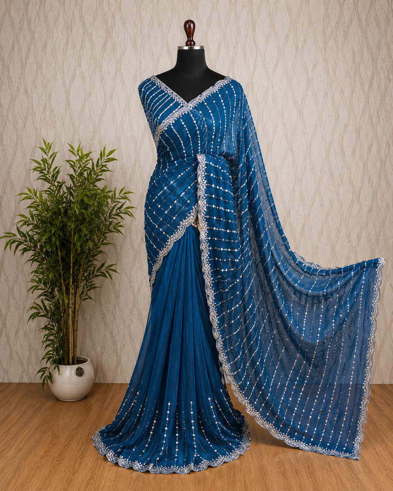 Premium Space Silk Designer Saree – Peacock Blue with Stone Work Border | Sri Nandhini Tex | SNTSS004