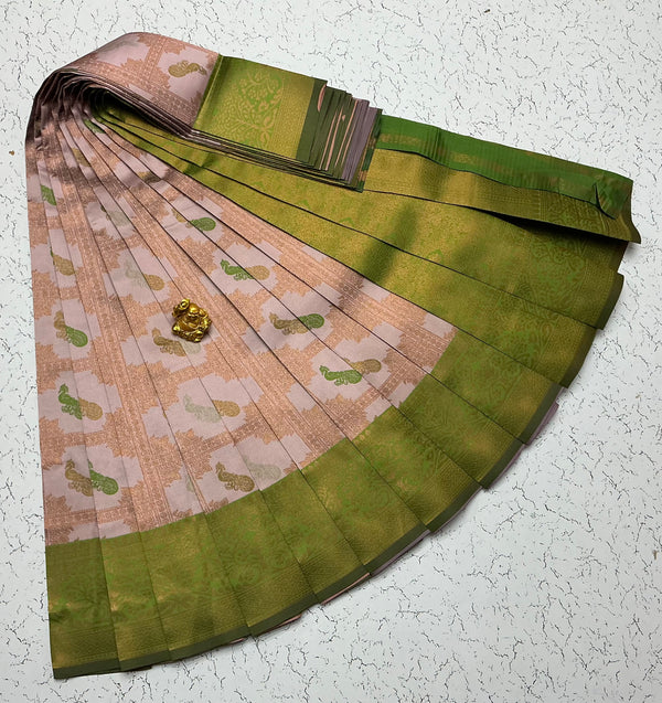 Kubera Bridal Silk Saree — Pastel Pink & Parrot Green with Zari Peacock Checks