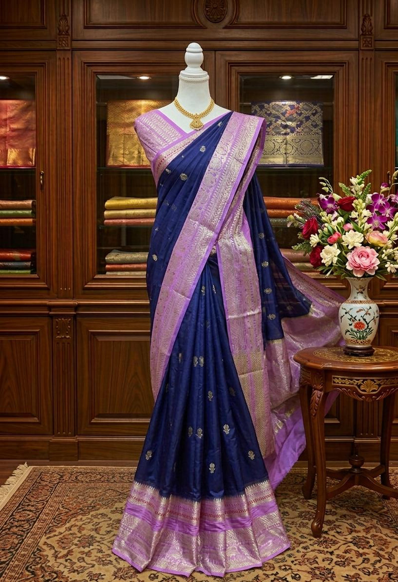 Warm Silk Saree Navy Blue with Pink