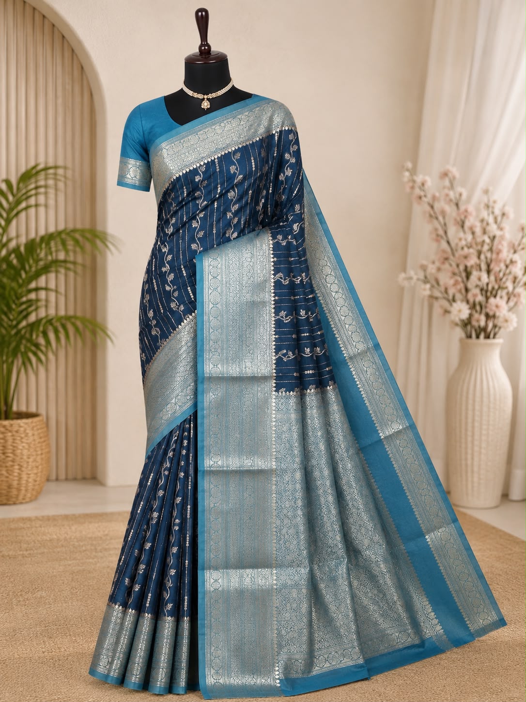 Premium Banarasi Chinya Warm Silk Saree | Peacock Blue & Sky Blue | Rich Silver Zari Weaving | Sri Nandhini Tex | Code: SNTBCWS003
