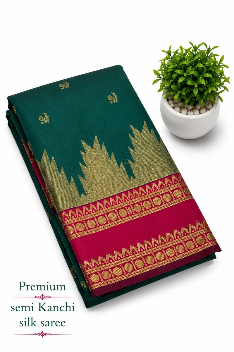 Premium Semi Kanchi Silk Saree | Teal Green & Rani Pink | Sri Nandhini Tex | Code: SNTSK02