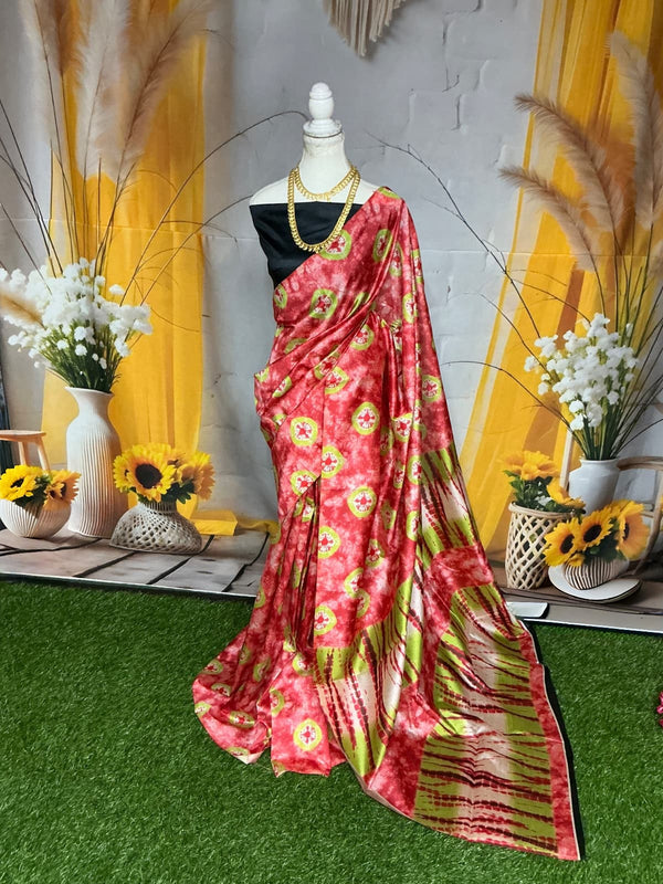 Dola Silk – Rani Pink – Green Circle Floral Pattern
(Bright pink with green circular floral motifs)