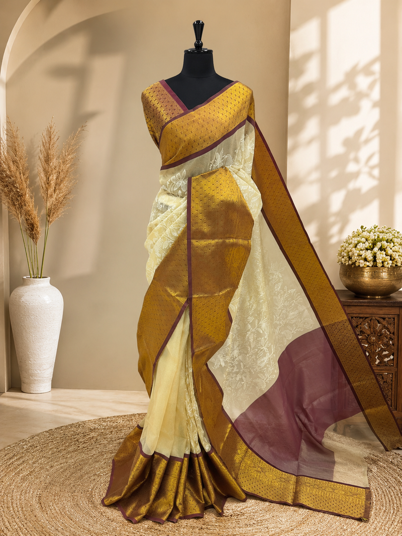 Premium Tissue Silk Saree – Antique IVORY with Wine Contrast | Elegant Festive Wear | Sri Nandhini Tex | SNTBTS02