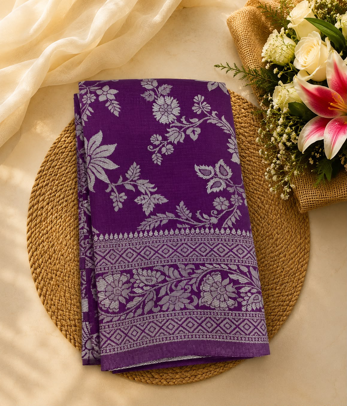Semi Soft Silk Saree – Royal Purple with Silver Zari Border | Festive Elegance | Sri Nandhini Tex | SNTAOS32