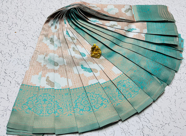 Kubera Bridal Silk Saree — Icy White & Mint Green with Zari Peacock Checks