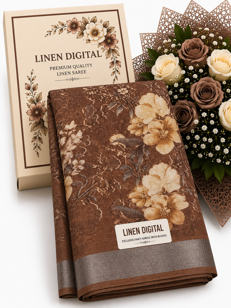 Linen Cotton Offer Saree | Coffee Brown Floral | With Blouse | ₹299/- | Sri Nandhini Tex | Code: SNTLC001