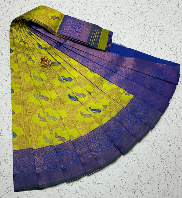Kubera Bridal Silk Saree — Lime Green & Royal Blue with Zari Peacocks