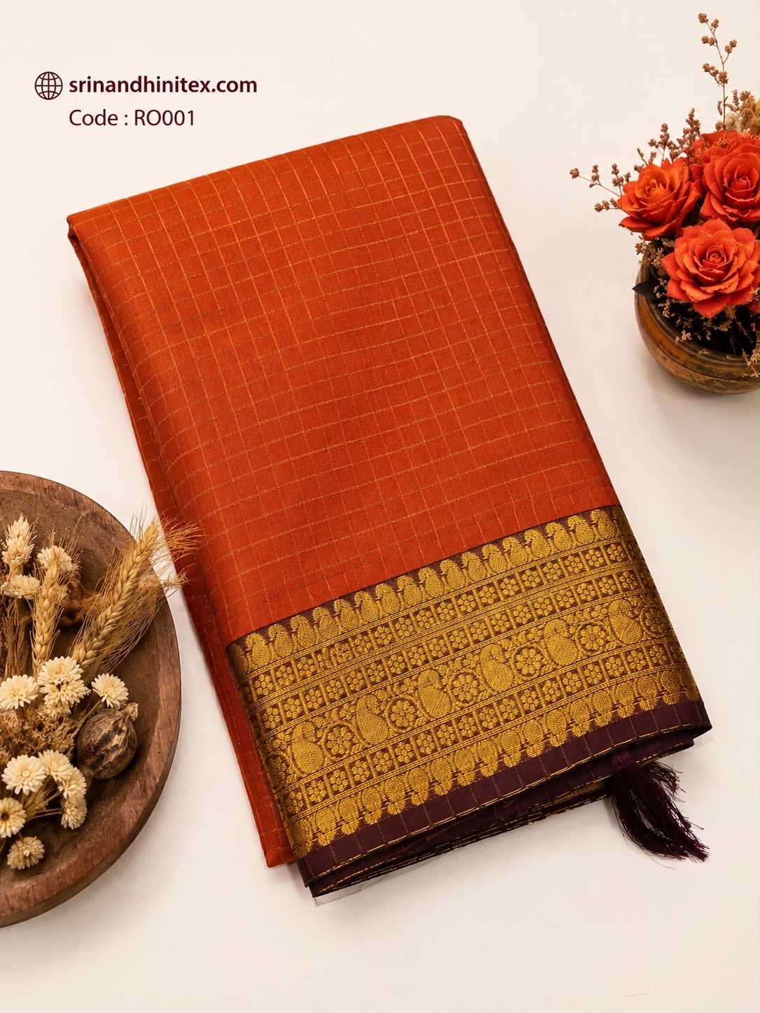Premium Silk Saree – Rust Orange with Antique Gold Zari Border | Festive Silk Saree | Sri Nandhini Tex | RO001