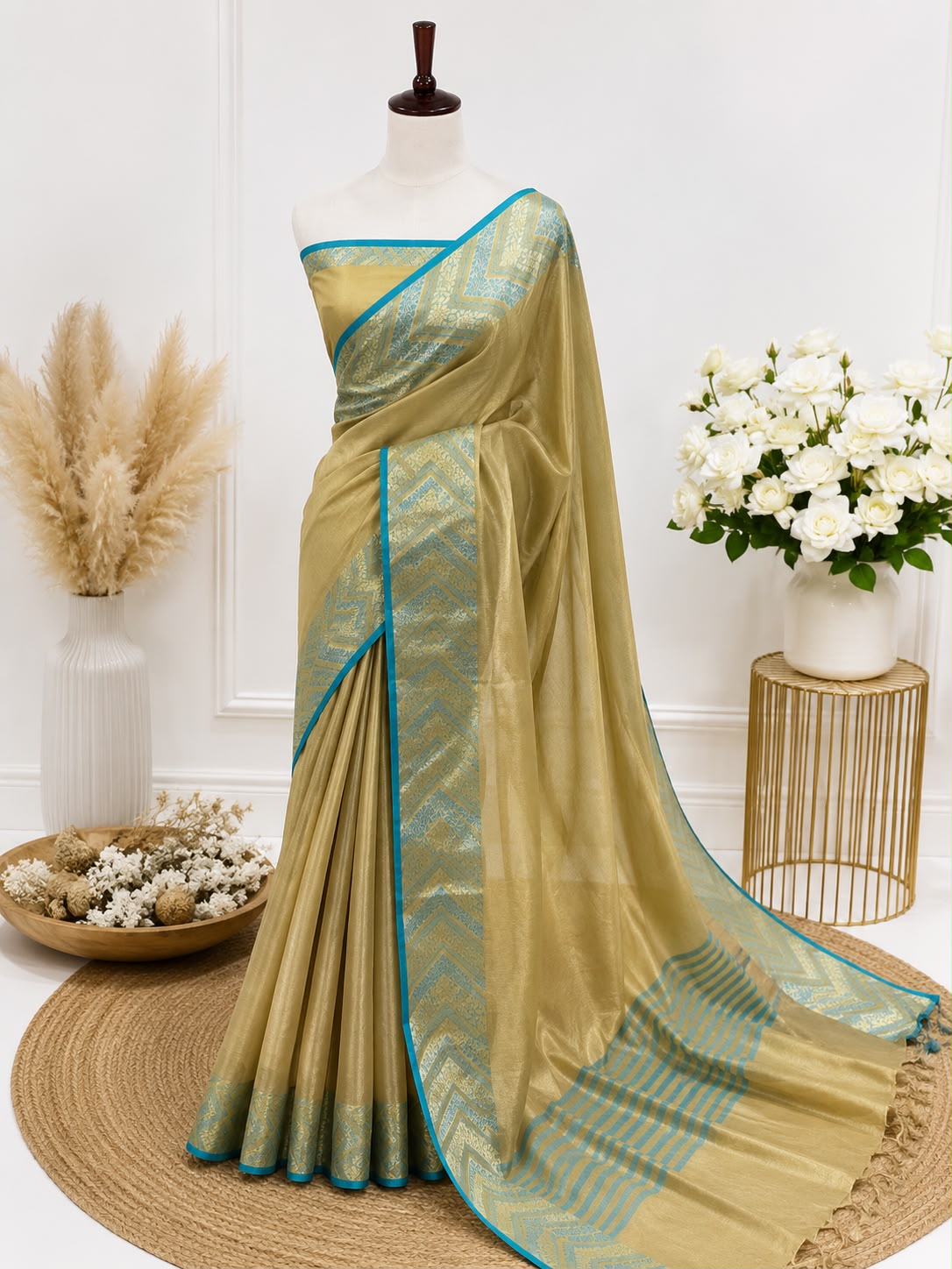 Premium Tissue Soft Silk Saree – Antique Gold with Aqua Blue Contrast | Festive Silk Saree | Sri Nandhini Tex | SNTNA001