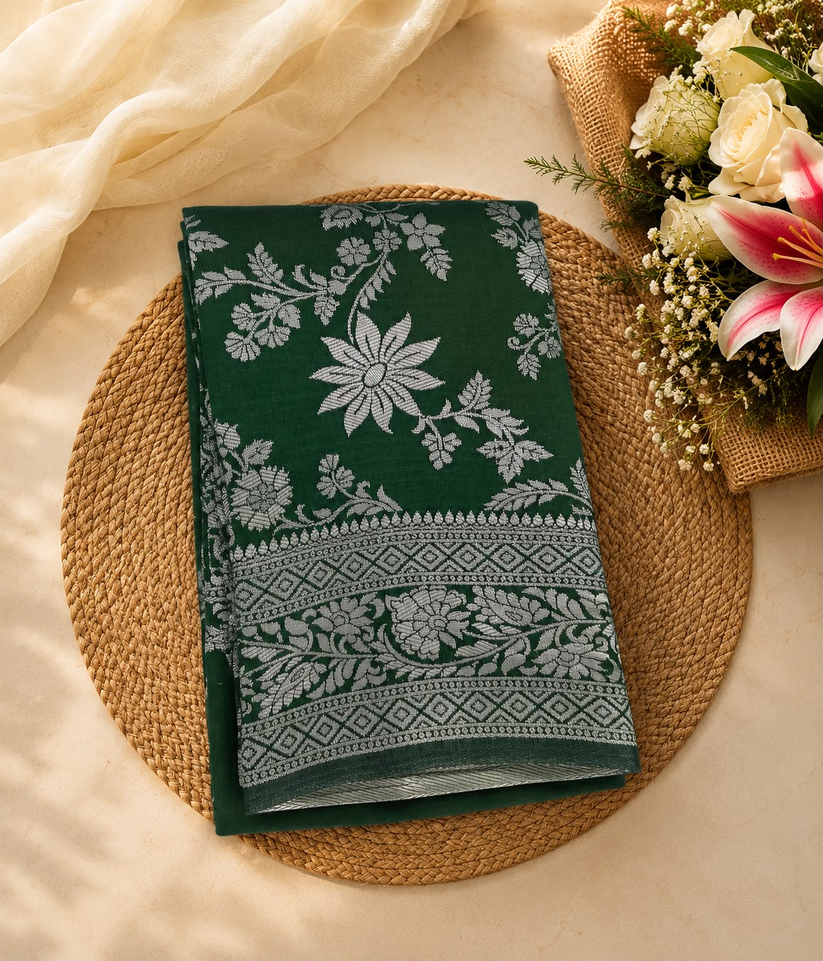 Semi Soft Silk Saree – Dark Green with Silver Zari Border | Festive Elegance | Sri Nandhini Tex | SNTAOS31