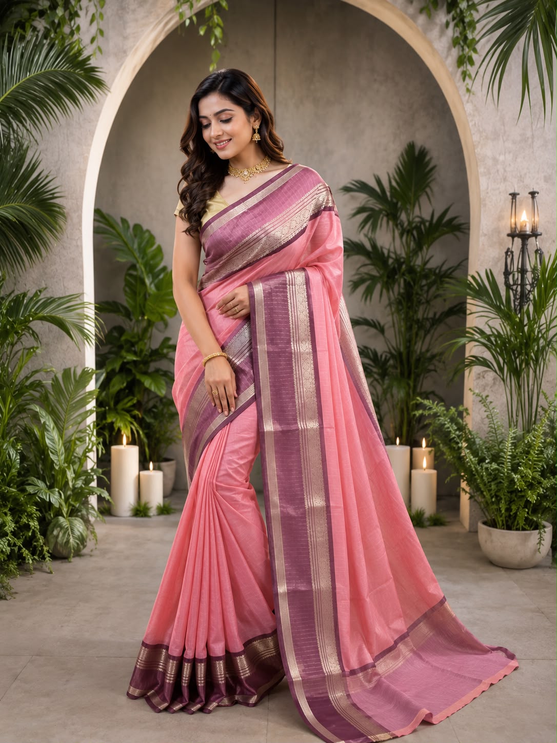 Banaras Soft Silk Saree | Elegant Zari Border | Baby Pink with Wine Maroon | Sri Nandhini Tex | Code: SNTPSS007