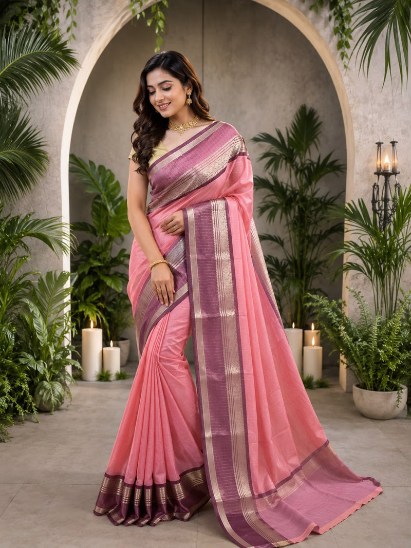 Banaras Soft Silk Saree | Elegant Zari Border | Baby Pink with Wine Maroon | Sri Nandhini Tex | Code: SNTPSS007