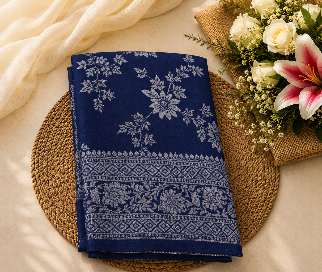 Semi Soft Silk Saree – Navy Blue with Silver Zari Border | Festive Elegance | Sri Nandhini Tex | SNTAOS29