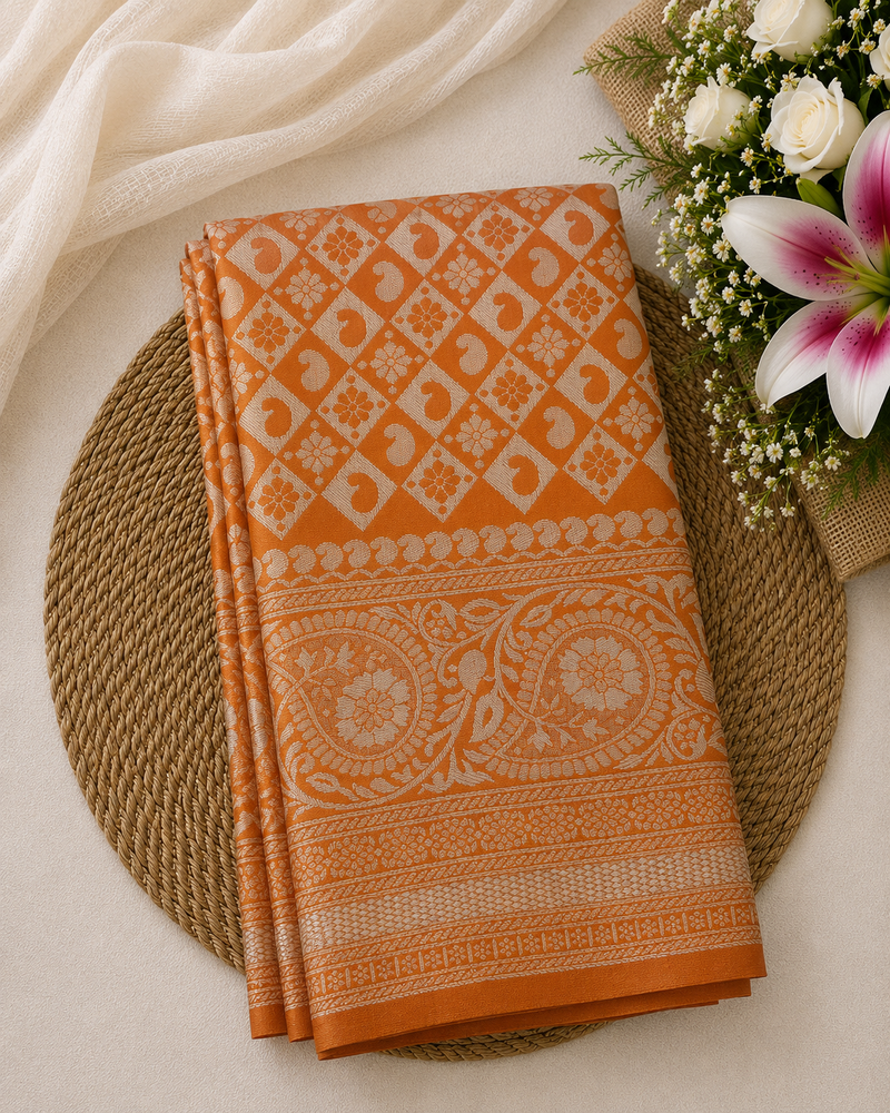 Semi Soft Silk Offer Saree | Sunset Orange | Elegant Silver Zari Weave | Sri Nandhini Tex | Code: SNTAOS20