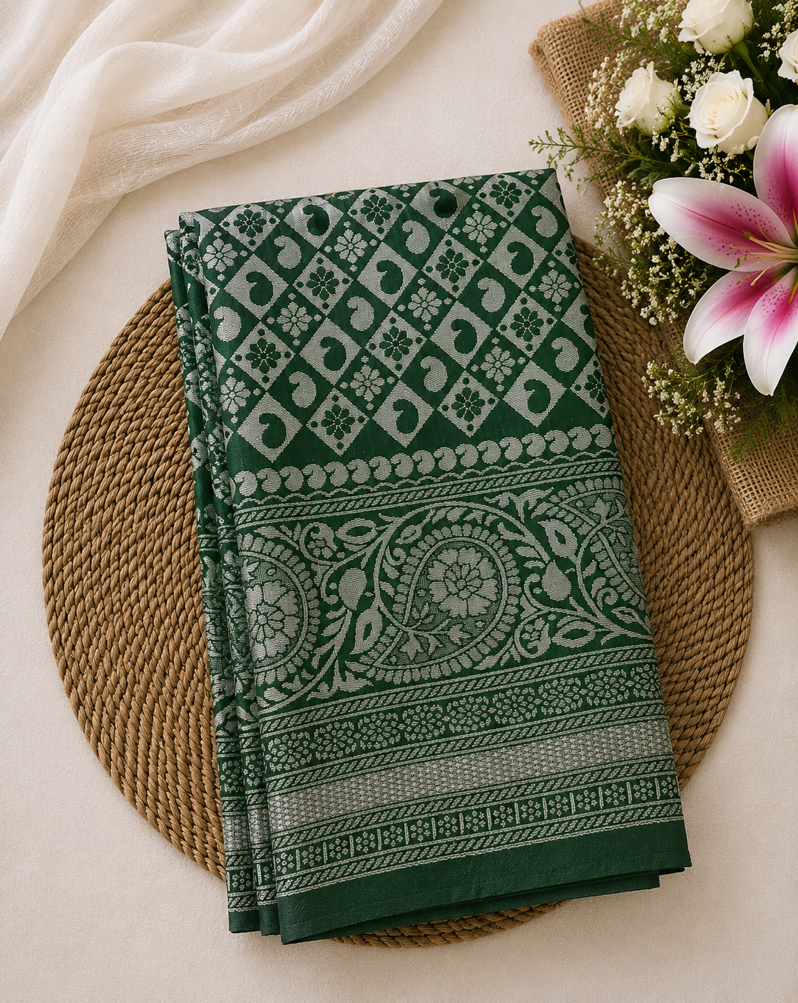 Semi Soft Silk Offer Saree | Bottle Green | Elegant Silver Zari Weave | Sri Nandhini Tex | Code: SNTAOS25