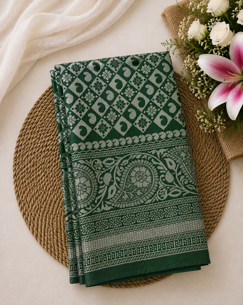 Semi Soft Silk Offer Saree | Bottle Green | Elegant Silver Zari Weave | Sri Nandhini Tex | Code: SNTAOS25