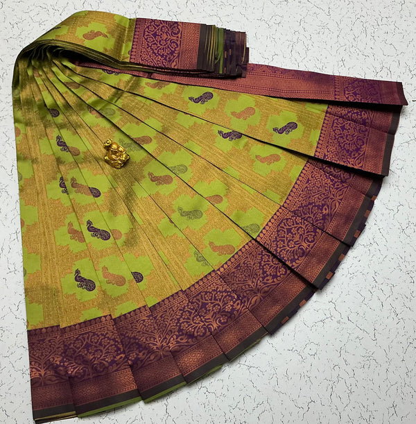 Kubera Bridal Silk Saree — Green with Purple Border & Peacock Zari Motifs