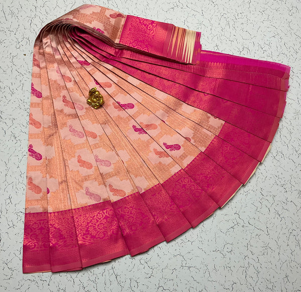 Kubera Bridal Silk Saree — Light Peach Pink & Rani Pink with Peacock Buttas