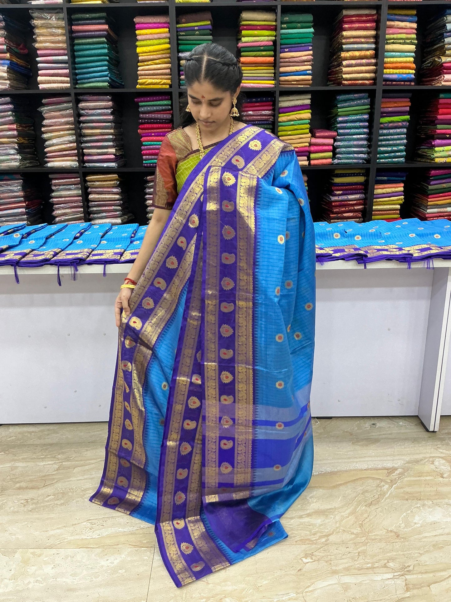 Premium Meena Soft Silk Saree – Sky Blue with Royal Blue Contrast Border | Festive Silk Collection | Sri Nandhini Tex | SNTMSS01