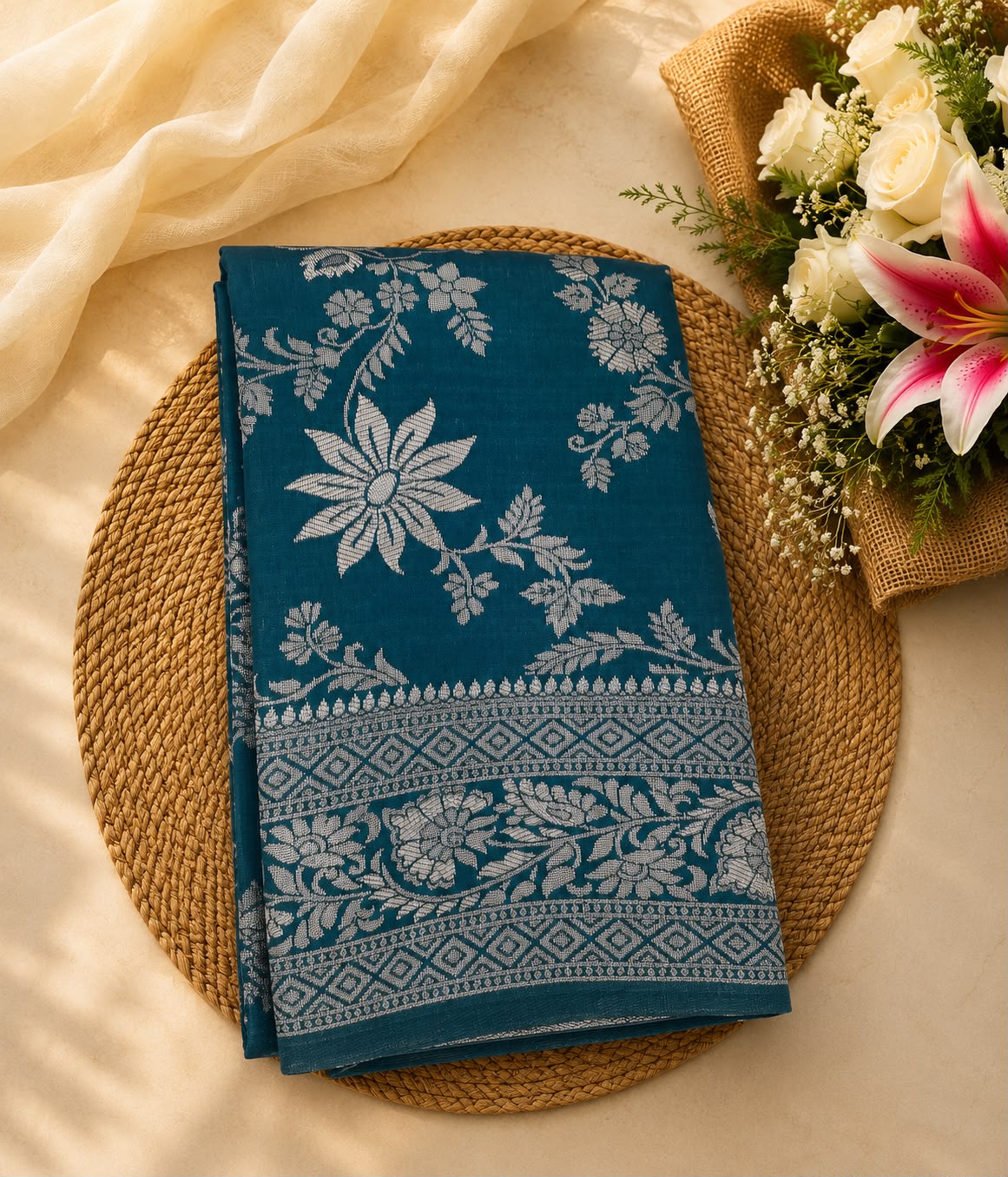 Semi Soft Silk Saree – Teal Green with Silver Zari Border | Festive Elegance | Sri Nandhini Tex | SNTAOS30