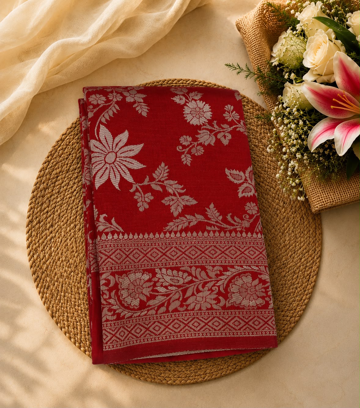 Semi Soft Silk Saree – Crimson Red with Silver Floral Border | Elegant Festive Wear | Sri Nandhini Tex | SNTAOS27