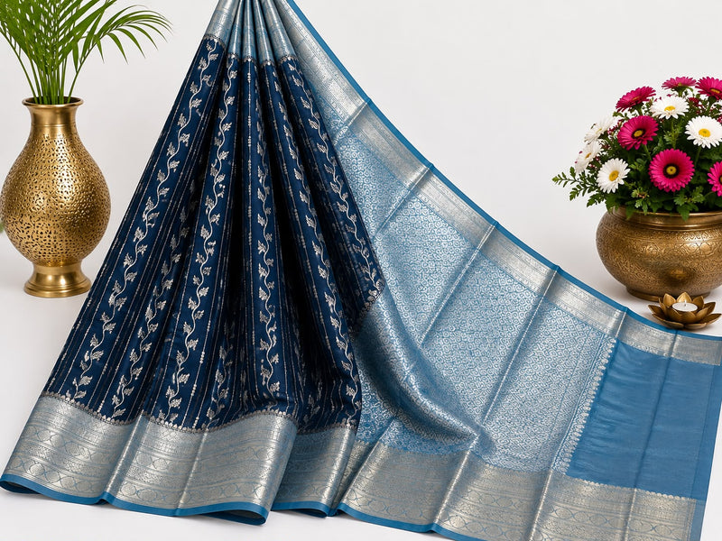 Premium Banarasi Chinya Warm Silk Saree | Peacock Blue & Sky Blue | Rich Silver Zari Weaving | Sri Nandhini Tex | Code: SNTBCWS003
